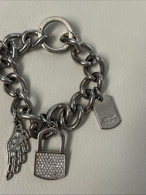 Armani Exchange Silver-Tone Charm Bracelet with Pavé Padlock and Wing